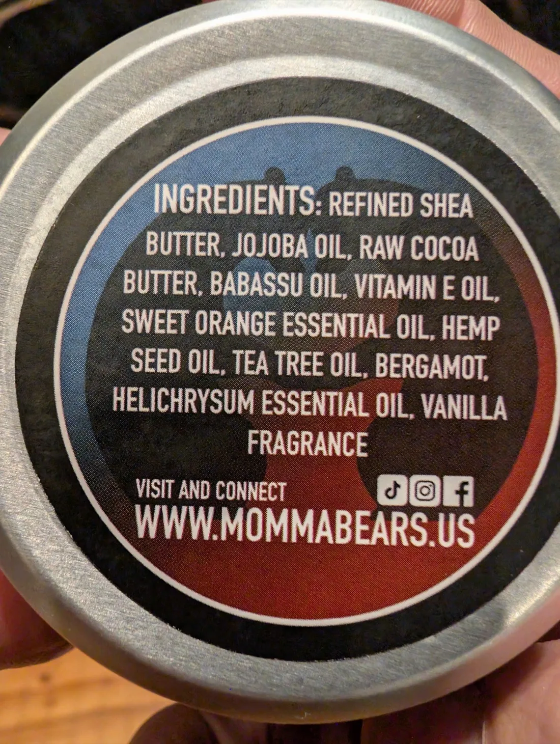 Tattoo Luv ingredient list, printed on the tin